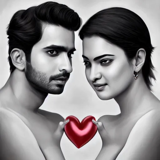 Image similar to perfectly centered symmetrical split male and female portrait of bollywood man and woman in love sharing one heart ; art by artgerm, photorealistic, highly detailed ; trending on artstation ; portrait by wlop