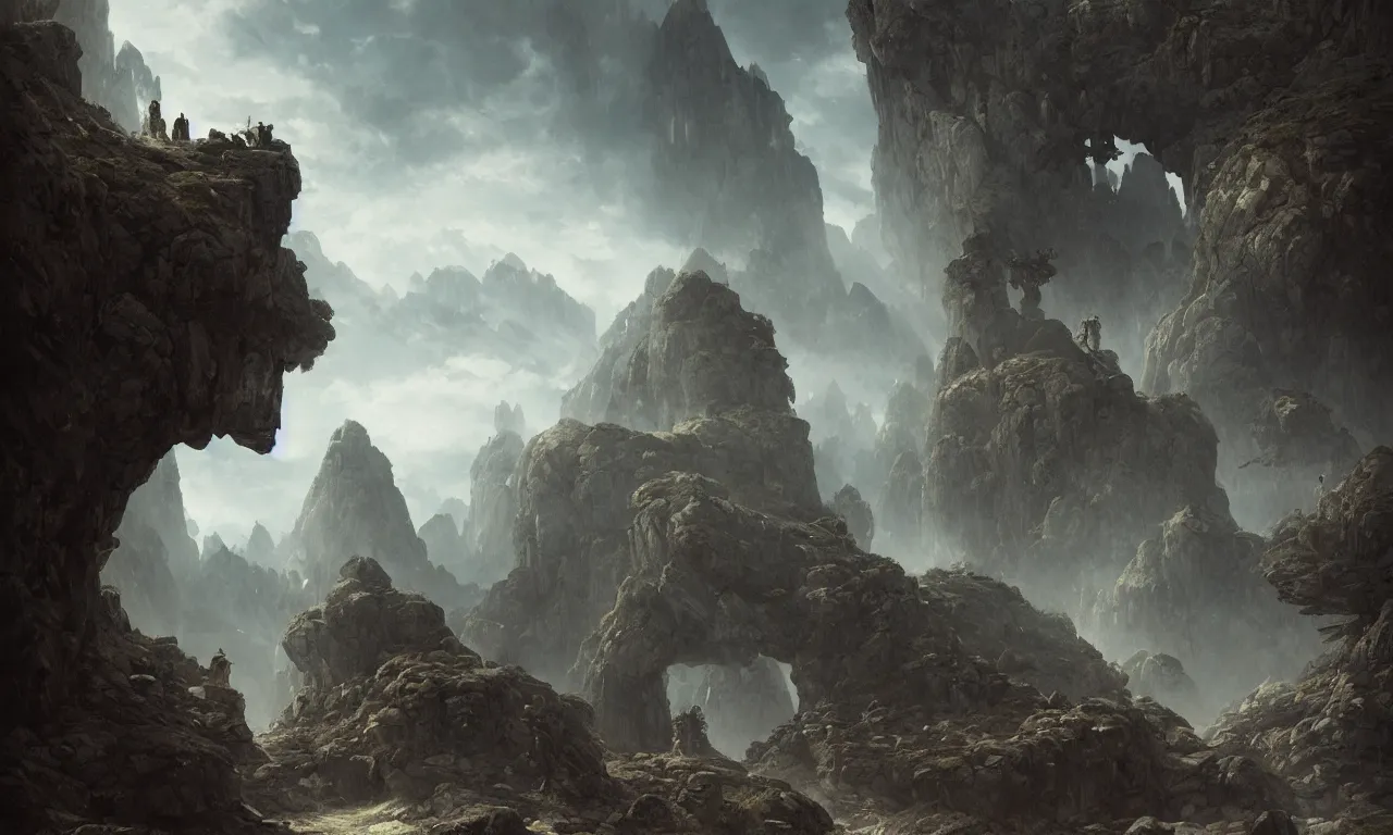 Prompt: stone giants lumbering in the forbidden mountains. greg rutkowski, andreas achenbach, artgerm, mikko lagerstedt, zack snyder, tokujin yoshioka