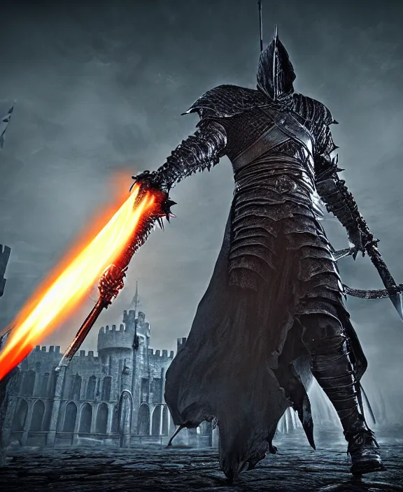 Image similar to anatomically correct dark souls knight with long sword on fire, dark night, castle on the background, wet surface, unreal engine 5, lumen technology, incredible detalization, film still, by alberto mielgo