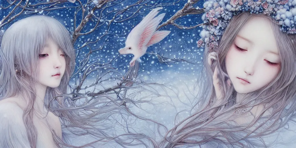 Image similar to breathtaking delicate detailed concept art winter creatures, by miho hirano, bizarre compositions, exquisite detail, pastel colors, 8 k