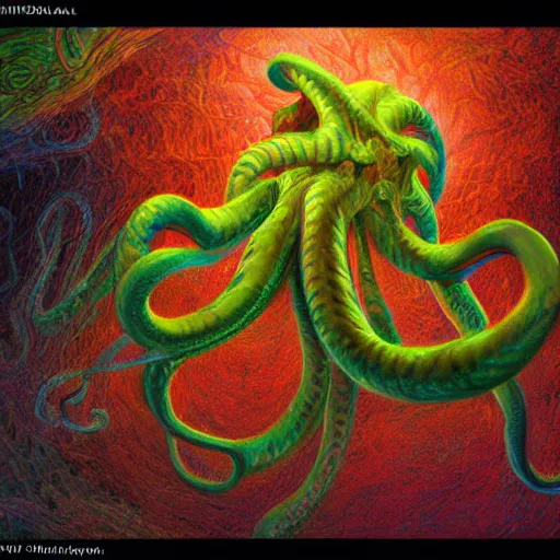 Prompt: photorealistic swirling abstract rendition of cthulu by michael whelan. hyperdetailed photorealism, 1 0 8 megapixels, amazing depth, glowing rich colors, powerful imagery, psychedelic overtones, 3 d finalrender, 3 d shading, cinematic lighting, artstation concept art