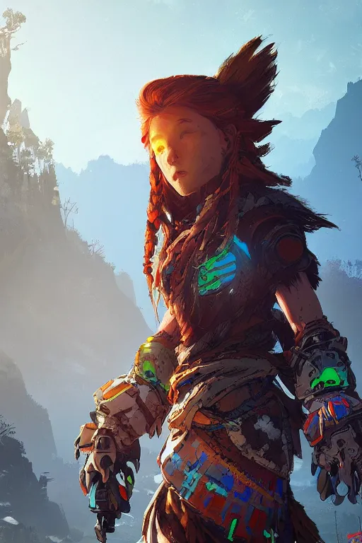 Image similar to combination suit armor aloy horizon forbidden west horizon zero dawn radiating a glowing aura global illumination ray tracing hdr fanart arstation by ian pesty and alena aenami artworks in 4 k tribal robot ninja mask helmet backpack