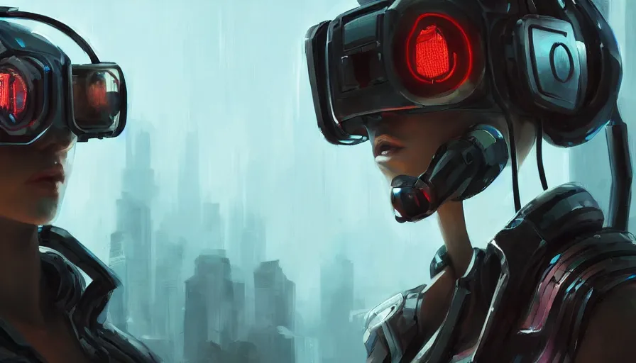 Image similar to concept art of cyberpunk bot wearing vr headset, cinematic shot, oil painting by jama jurabaev, extremely detailed, brush hard, artstation, for aaa game, high quality, brush stroke