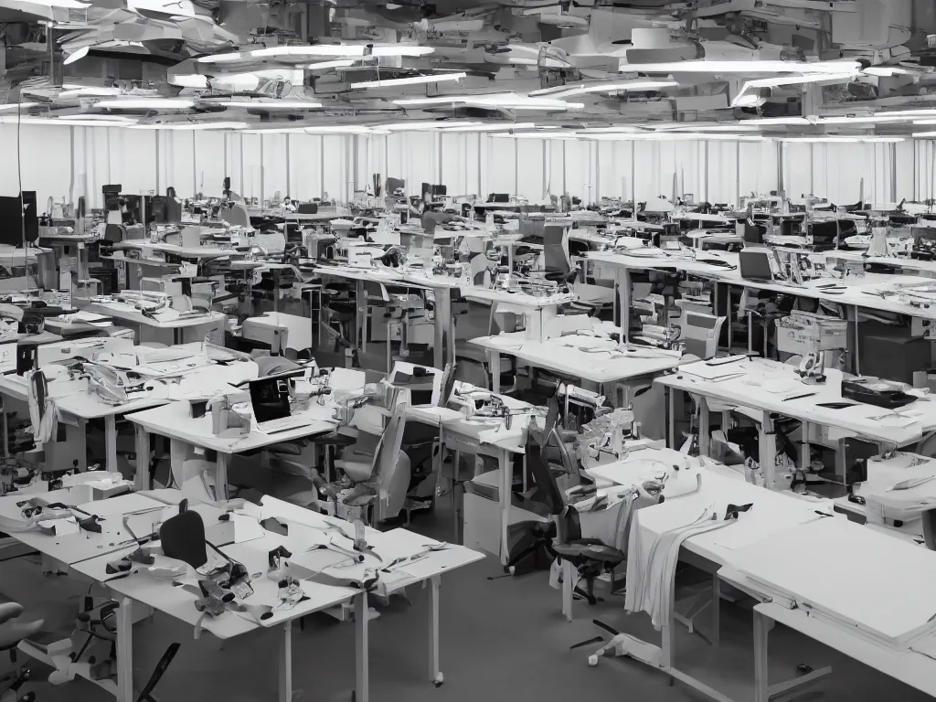 Prompt: candid photo rows upon rows of workshop desks perfectly knolled, stretching off to the horizon, sunrise cozy futuristic zero - g open - air design studio by jony ive, scale model floating in midair in front of me, brilliant daylight vr os ux, leica 8 k still from an a 2 4 film