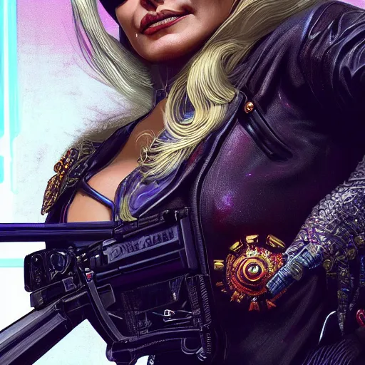 Image similar to closeup of Dolly Parton holding a pimp shotgun, cyberpunk 2077 setting, intricate, elegant, highly detailed, digital painting, artstation, concept art, matte, sharp focus, illustration, hearthstone, art by Artgerm and Greg Rutkowski and Alphonse Mucha