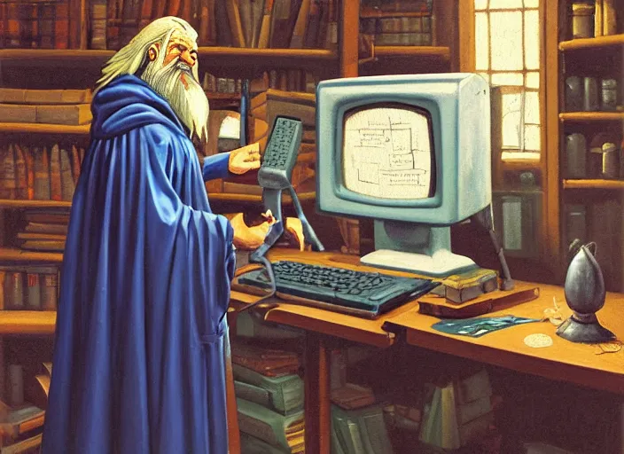 Prompt: classic oil painting, side view of a medieval wizard using a 5 0 s computer, as a dnd character, inside a cluttered lab, blue nighttime, cottagecore, long white beard, book stacks, loose paper, extremely detailed, digital illustration, concept art, readability, smooth, sharp focus, art by brothers hildebrandt, and paul bonner