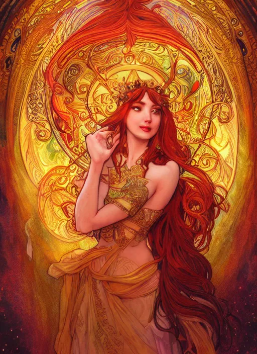 Image similar to Fire Goddess, ambient lighting, 4k, josephine wall, alphonse mucha, lois van baarle, ilya kuvshinov, rossdraws, artstation