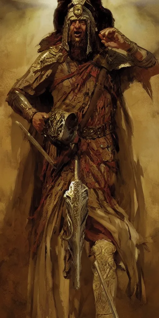 Image similar to a full body portrait of the ancient historical biblical evil pagan king ahab of Israel by craig mullins and marc simonetti, Ross Tran and WLOP, by Andrew Wyeth and Gerald Brom, In the style of John singer Sargent and James gurney, ARTSTATION, cgsociety, polycount, character design, CINEMATIC, AWE INSPIRING, BEAUTIFUL, ART GERM