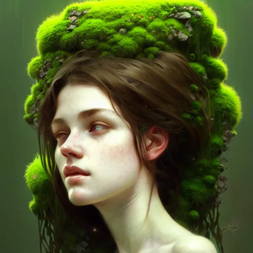 Prompt: A portrait of a girl covered in moss, face, intricate, elegant, highly detailed, digital painting, artstation, concept art, smooth, sharp focus, illustration, art by Krenz Cushart and Artem Demura and alphonse mucha