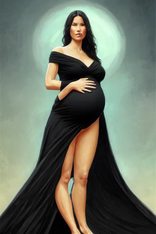 Image similar to pregnant olivia munn in a black dress, realistic portrait, symmetrical, highly detailed, digital painting, artstation, concept art, smooth, sharp focus, illustration, cinematic lighting, art by artgerm and greg rutkowski and alphonse mucha