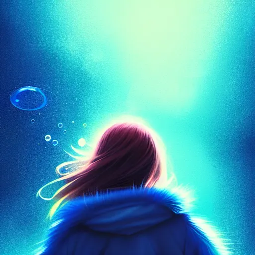 Image similar to blue sparks and bubbles flitting around a flying anime girl with long sky blue hair, low - angle shot from behind, blue coat, fur scarf, ultra fine detail, dark theme, realistic painting, photography, psychedelic, film still, cinematic, wlop, ilya kuvshinov, ismail inceoglu,