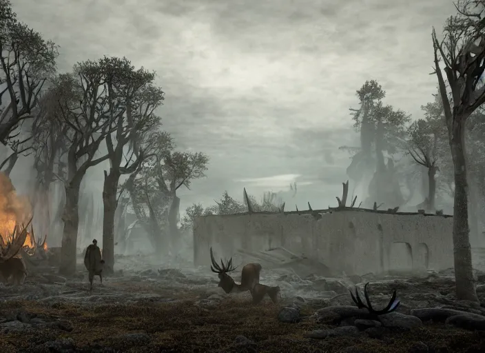 Image similar to a viking and a moose walks in the ruins of a viking village, burnt huts, bodies on the ground, horror, dramatic lighting, dawn, by caspar david friedrich, unreal engine 5