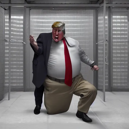 Image similar to trump crying as a large man dances on him from behind in a prison cell, photorealistic, lighting, octane render, weta digital,