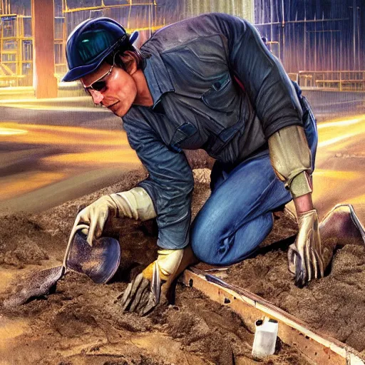 Image similar to tom cruise dressed as a construction worker planting fries in the ground, digital art, highly - detailed, artstation cgsociety masterpiece