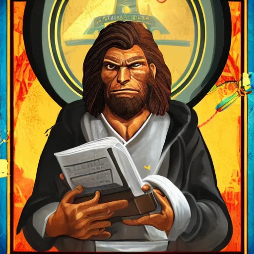 Image similar to saint homo neanderthalis portrait poster with book of science on his right hand, gta chinatown wars art style, bioshock infinite art style, hyperrealistic, two colors, paper border, 4 k, remove duplicate content, justify contents center.