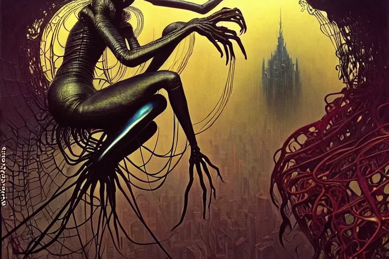 Image similar to realistic detailed portrait movie shot of a beautiful black woman riding a giant spider, dystopian city landscape background by denis villeneuve, amano, yves tanguy, alphonse mucha, max ernst, ernst haeckel, kehinde wiley, caravaggio, jean delville, david lynch, roger dean, cyber necklace, rich moody colours, sci fi patterns, dramatic, wide angle