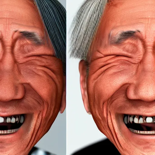 Image similar to extremely old japanese man laughing, extreme detail photorealistic