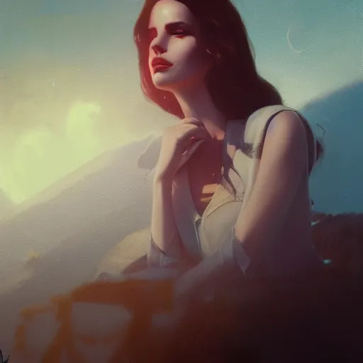 Image similar to lana del rey, illustrated by greg rutkowski and gaston bussiere, cgsociety contest winner, artstation, portrait image, photorealistic facial features, 4 k, 8 k, volumetric lighting, white backdrop