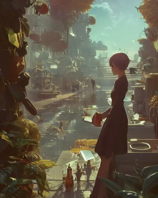 Image similar to highly detailed vfx espresso, stephen bliss, unreal engine, loish, rhads, beeple, makoto shinkai and lois van baarle, ilya kuvshinov, rossdraws, tom bagshaw, alphonse mucha, global illumination, detailed and intricate environment