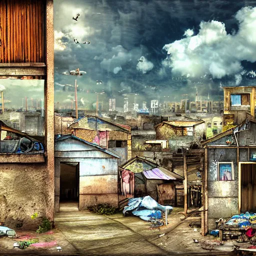 Image similar to the slums just outside the pearly gates to the kingdom - of - heaven - in - the - clouds, digital art