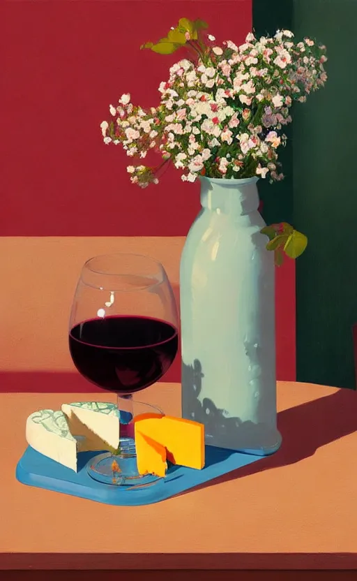 Image similar to beautiful still life featuring blooming flowers, tillamook cheese, and red wine, very coherent, painted by Edward Hopper, painted by James Gilleard, airbrush, art by JamesJean