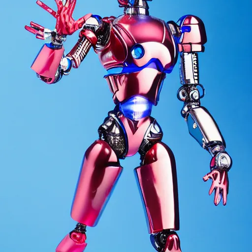 Prompt: studio photography full view of a translucent blue cyborg anime girl action figure with chromed cybernetics inside her body, chogokin, microman, micronauts, in a light box with a red background