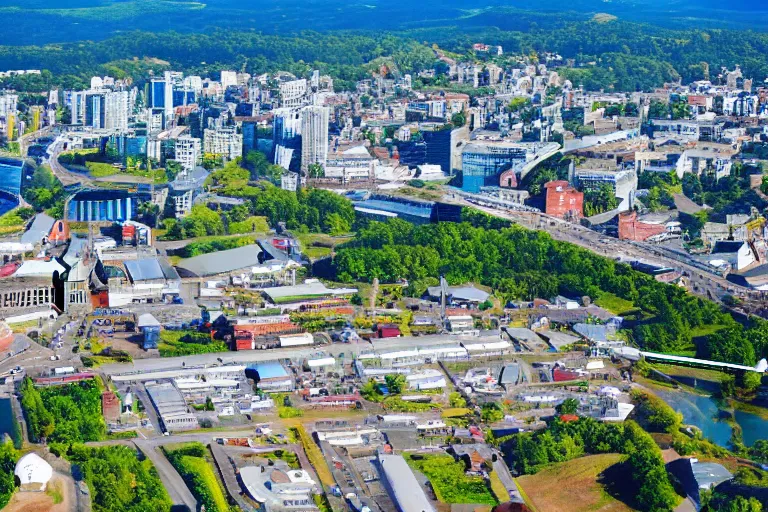 Image similar to bird's eye view photography of a small city. town hall, central farm, monorail station, beach and shipping dock. hills, woods and lake to the north.