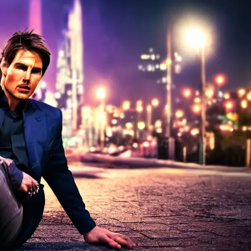 Image similar to a still of Tom Cruise. Shallow depth of field. City at night in background, lights, colors ,studio lighting, mood, 4K. Profession photography