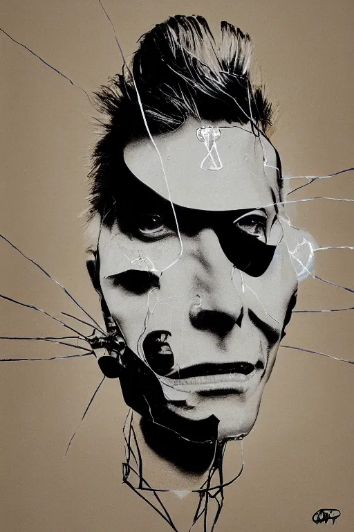 Image similar to portrait of david bowie's head inside an upside down light bulb, kintsugi, modern fine art, fractal, intricate, elegant, highly detailed, digital photography, subsurface scattering, by banksy and basquiat and greg rutkowski,