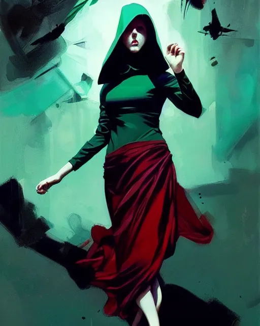 Prompt: Joshua Middleton comic art, Jeremy Mann art, artgerm, Mandy Jurgens art, cinematics lighting, beautiful Anna Kendrick supervillain, green dress with a black hood, angry, symmetrical face, Symmetrical eyes, full body, flying in the air over city, night time, red mood in background