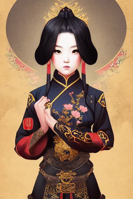 Image similar to a lovely and shiny young empress of qing dynasty, face by artgerm, ross tran, fuji choko, loish, 8 k resolution, attractive, symmetrical portrait, beautifully detailed landscape of ruin, trending on pixiv and pinterest, charming black eyes, luxury