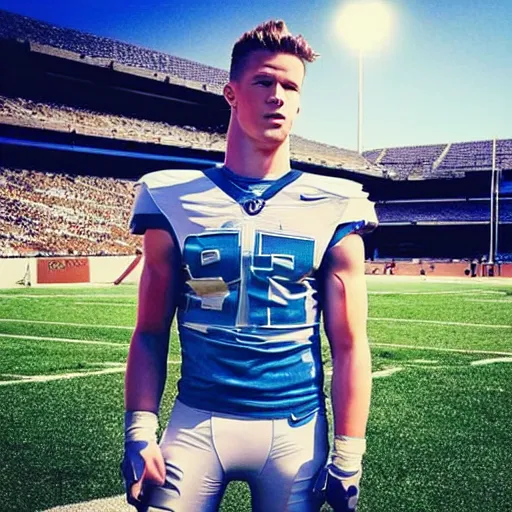 Image similar to “ a realistic detailed photo of a guy who is an attractive humanoid who is half robot and half humanoid, who is a male android, football player christian mccaffrey, shiny skin, posing like a statue, blank stare, on the field, on display ”