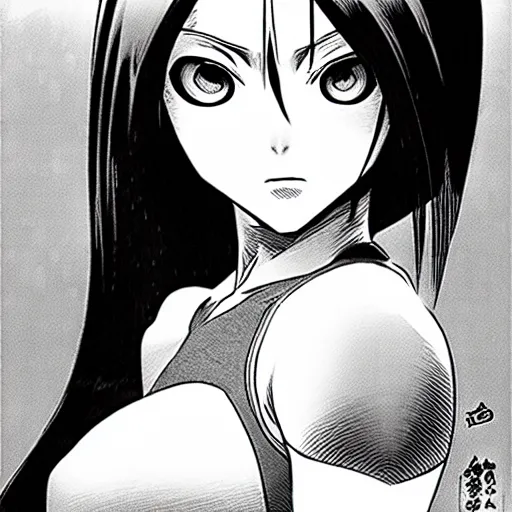 Image similar to alita by yukito kishiro. medium shot. black and white manga. pencil drawing.