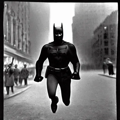 Prompt: old black and white photo, 1 9 1 3, depicting batman from dark knight running through the bustling streets of new york city, rule of thirds, three - point perspective, historical record