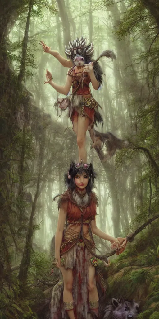 Prompt: hyper realistic Princess Mononoke in her mask, lush rainy forest landscape, wolves, magic, castle, jewels, style of tom bagshaw, mucha, james gurney, norman rockwell, gems and gold, waterfalls, denoised, sharp,