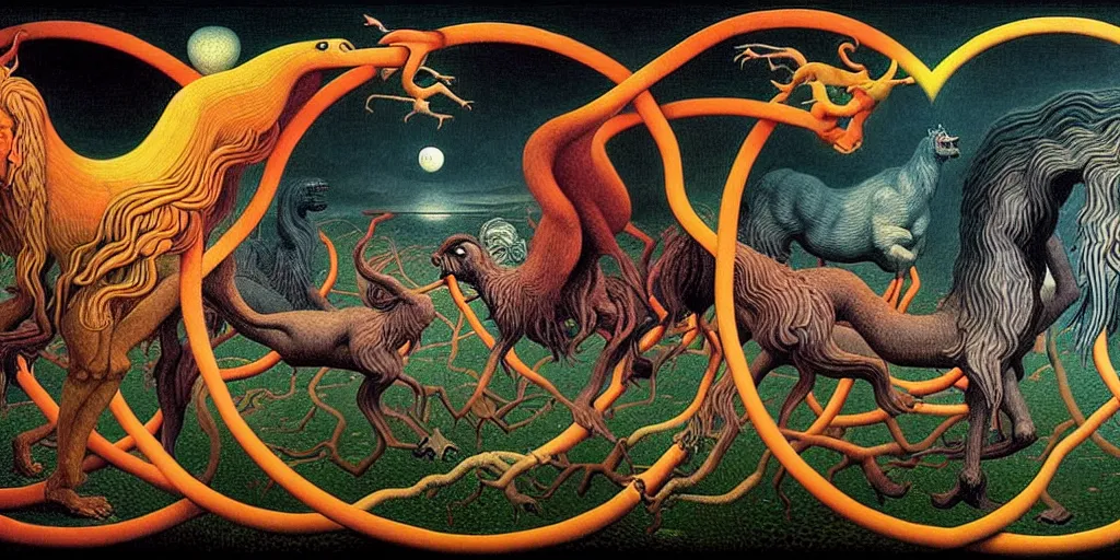 Image similar to mythical creatures and monsters in the visceral heart imaginal realm of the collective unconscious, in a dark surreal painting by johfra, mc escher and ronny khalil