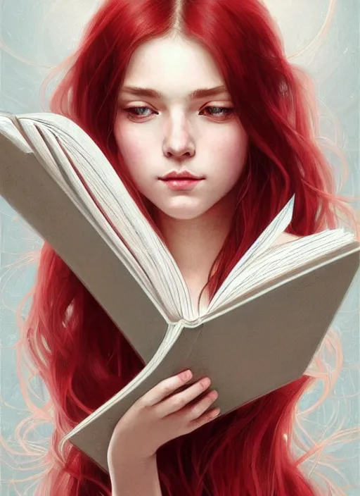 Image similar to perfectly - centered - portrait of a girl reading a book, white long hair with red motives, intricate, highly detailed, digital painting, artstation, concept art, smooth, sharp focus, illustration, unreal engine 5, 8 k, art by artgerm and greg rutkowski and alphonse mucha