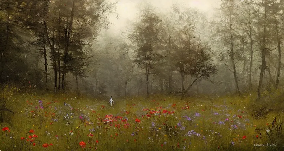 Image similar to Enchanted and magic forest full of wild flowers, by JAKUB ROZALSKI