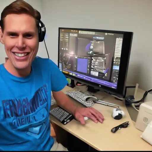Prompt: jerma985 at a computer playing fortnite