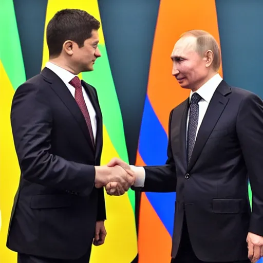 Prompt: putin shaking hand with zelensky