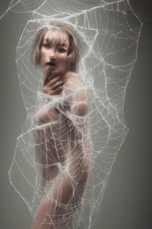 Prompt: a beautiful woman draped in spider webs, studio lighting,mist, light from behind, soft lighting, artstation, 4k