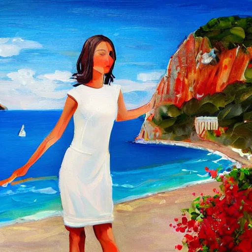 Prompt: slim cruel girl in wavy dress with white bob hair, elegant in italy, capri coast, sea, sunny day, summer, clouds on the sky, oil painting style,