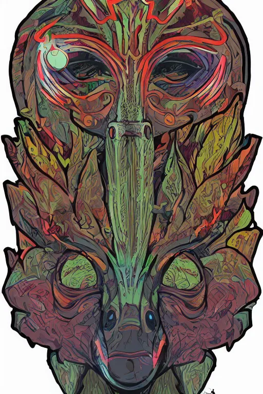 Image similar to animal mask totem roots flower tribal feather gemstone plant wood rock shaman vodoo video game vector cutout illustration vivid multicolor borderlands comics by josan gonzales and dan mumford radiating a glowing aura