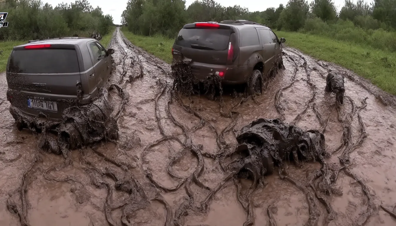 Image similar to bodycam of high speed chase trough mud with trycicles, very detailed, realistic, 4 k