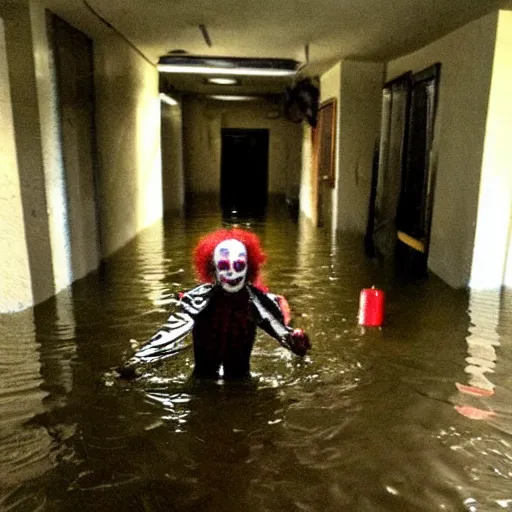 Image similar to a creepy clown at the end of a flooded basement hallway. craiglist photo.