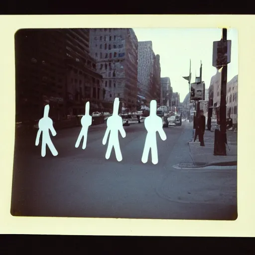 Image similar to wide-shot low-angle photo of empty!!! animated walking ghostly people (((heads))) at the street in New York, polaroid photo, by Andy Warhol, signed