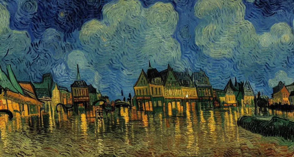 Prompt: dramatic landscape art of a german town being flooded during a thunderstorm, background art, concept art, dramatic lighting, trending on artstation, by Vincent Van Gogh