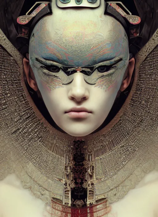 Image similar to portrait of a seductive cyberpunk geisha cyborg with headpiece, imari, sacred geometry, fractal, in the style of ghosts in the shell, intricate ornaments, elegant, highly detailed, digital photography, subsurface scattering, by jheronimus bosch and greg rutkowski,