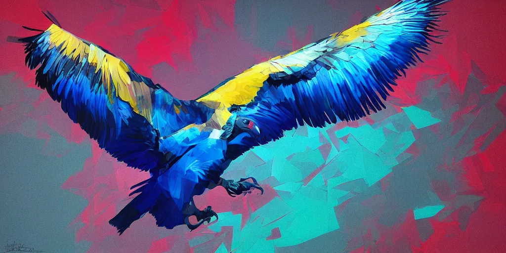 Prompt: dynamic, wideangle closeup, digital painting, expressive, vibrant, blue iridiescent giant vulture with spread wings, ferocious, imposing, spectacular, cubism, polygonal, fractured