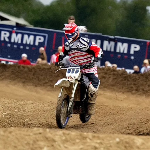 Prompt: trump riding motocross without wearing a helmet doing a wheelie